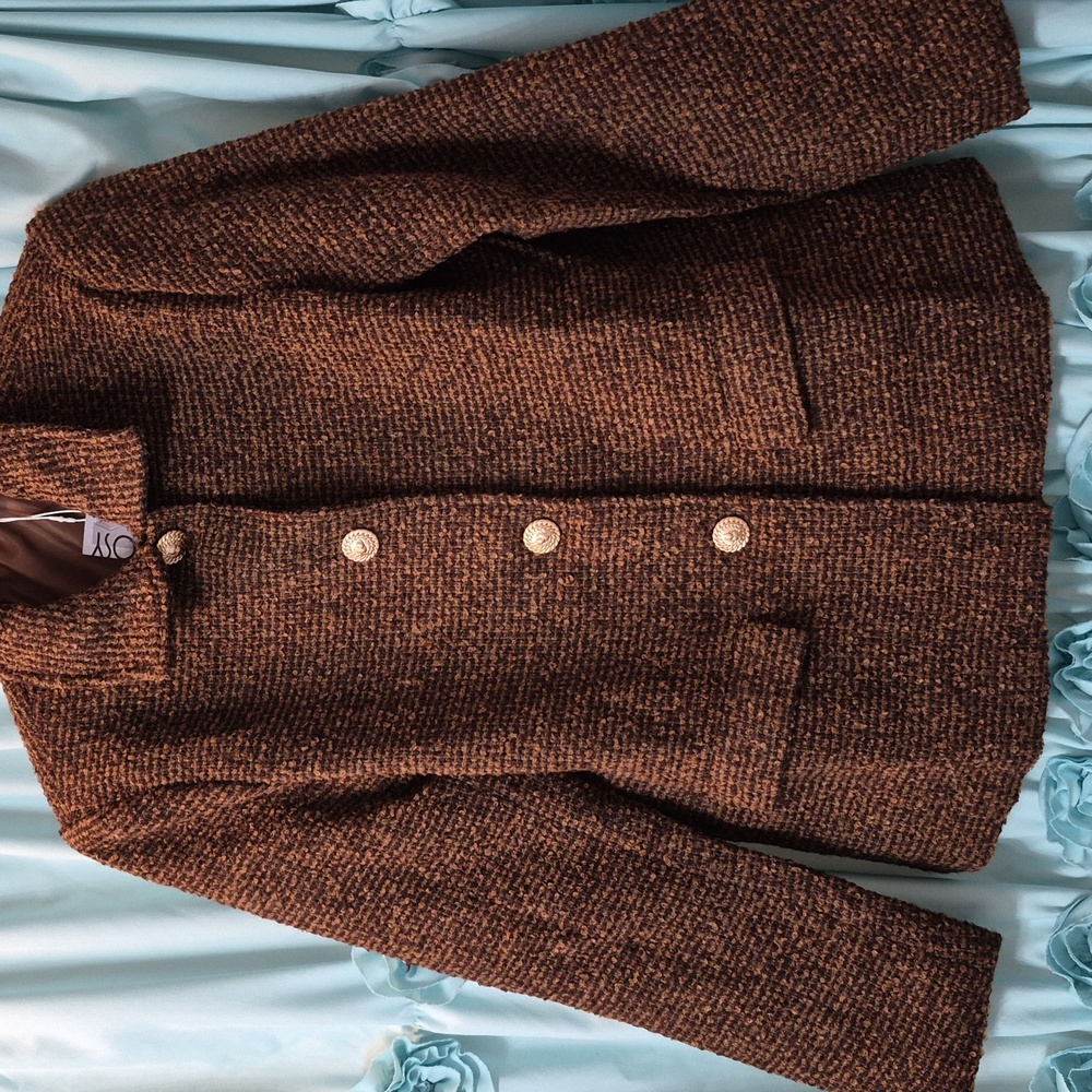 Oyrosy High-End Brown Tweed Gold Button Women's Jacket Blazer Sz M Nwt